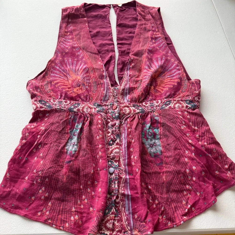 Free People Peplum Top Womens S Burgundy Paisley Sleeveless Boho V-Neck